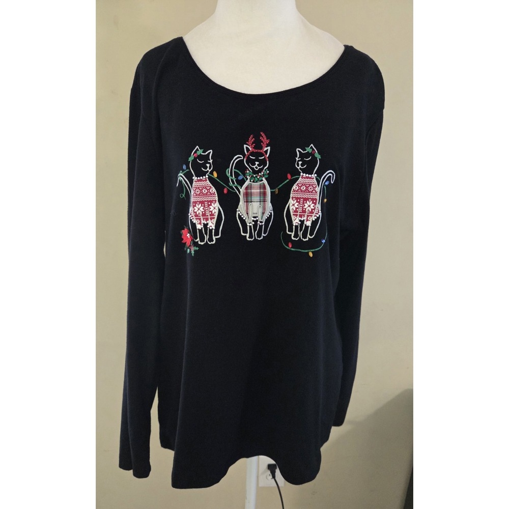 Karen Scott Women's Sweater Cute Christmas Cat Sequin Black Size XL